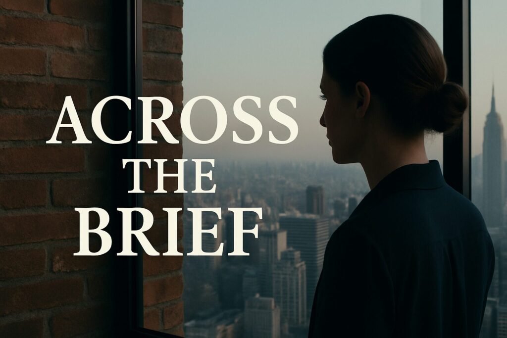 A woman in a dark blazer stands by a window overlooking the New York skyline at dusk, the title “Across the Brief” in bold white letters against the glass. The scene reflects both the corporate world and the quiet, introspective side of Megan Porter.