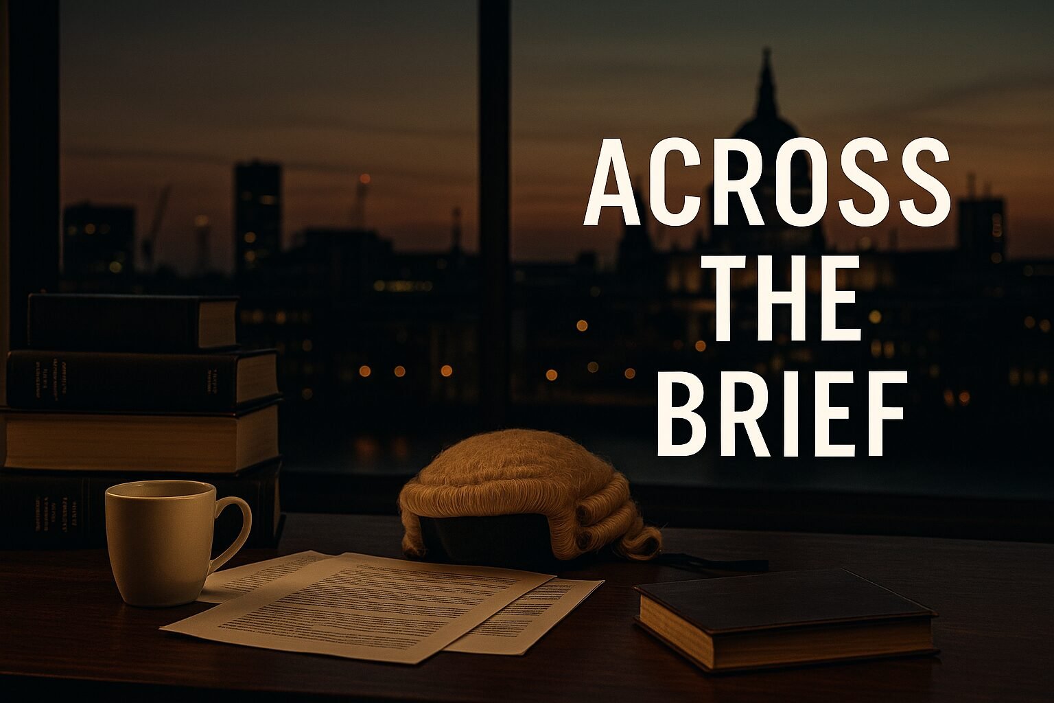 A wooden barrister’s desk with stacked legal books, scattered papers, a white coffee mug, and a traditional barrister’s wig. Beyond the window, the London skyline glows at dusk, with St. Paul’s Cathedral silhouetted against the evening sky. The words “Across the Brief” appear in bold white text on the right.