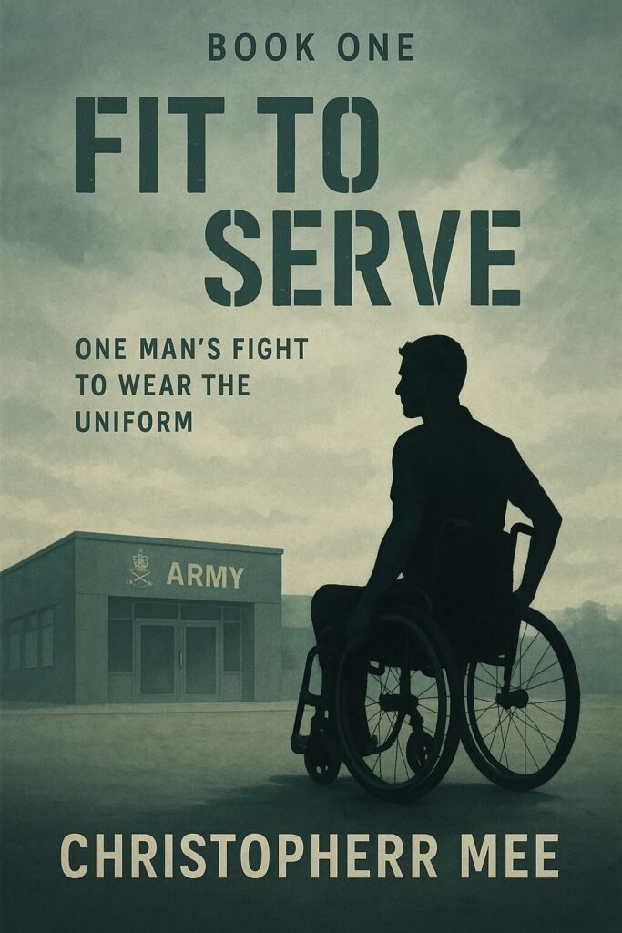 Book cover for “Fit to Serve” by Christopher Mee. The silhouette of a man in a wheelchair faces an Army recruitment building under cloudy skies, with the tagline “One man’s fight to wear the uniform.”