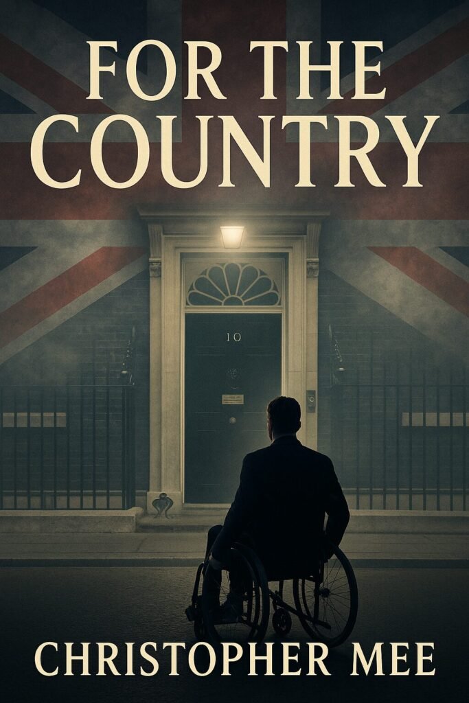 Book cover for “For the Country” by Christopher Mee. A man in a wheelchair faces the iconic Number 10 Downing Street door, with the Union Jack faintly overlaid in the background, symbolising political power and struggle.