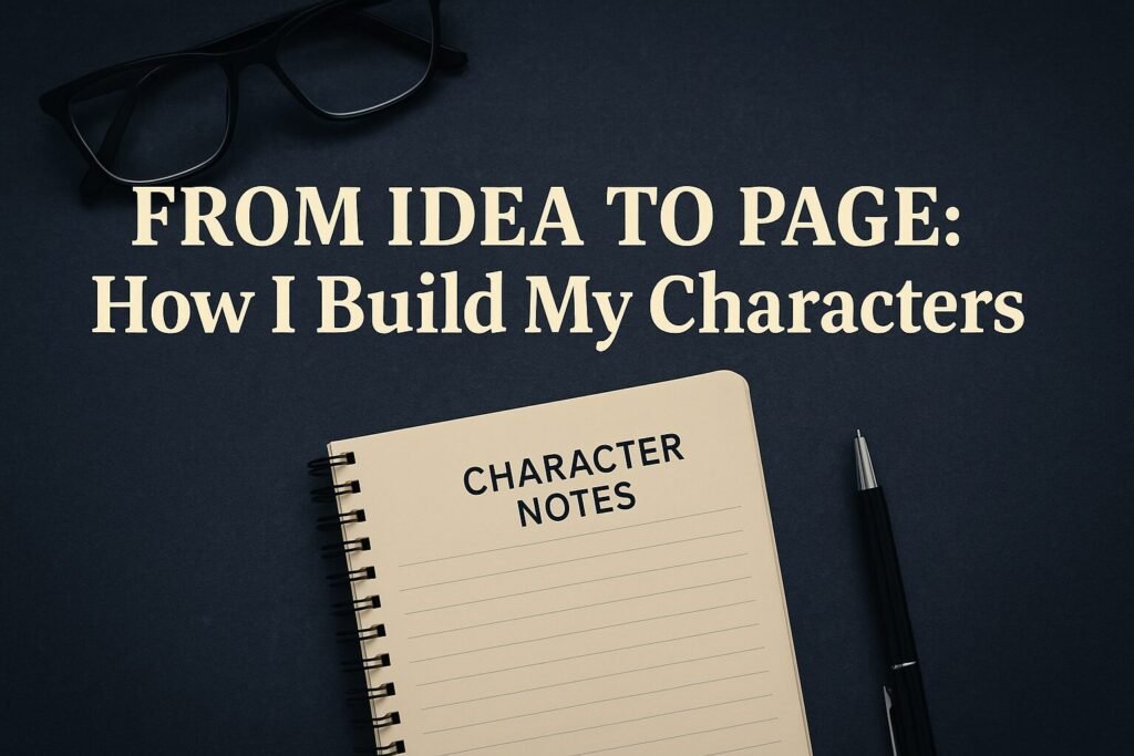 Landscape header image for the blog post “From Idea to Page: How I Build My Characters.” A dark blue textured background with cream serif text. A spiral-bound notebook titled “Character Notes” lies open with a black pen beside it, and glasses rest above, symbolising the writing process and character creation.