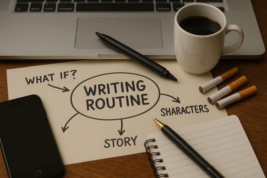 A warm, cinematic desk scene showing a writer’s routine: a laptop, coffee mug, cigarettes, phone, notebook, and a hand-drawn mind map with “Writing Routine” at the centre, linked to ideas like “What if?”, “Story”, and “Characters.”