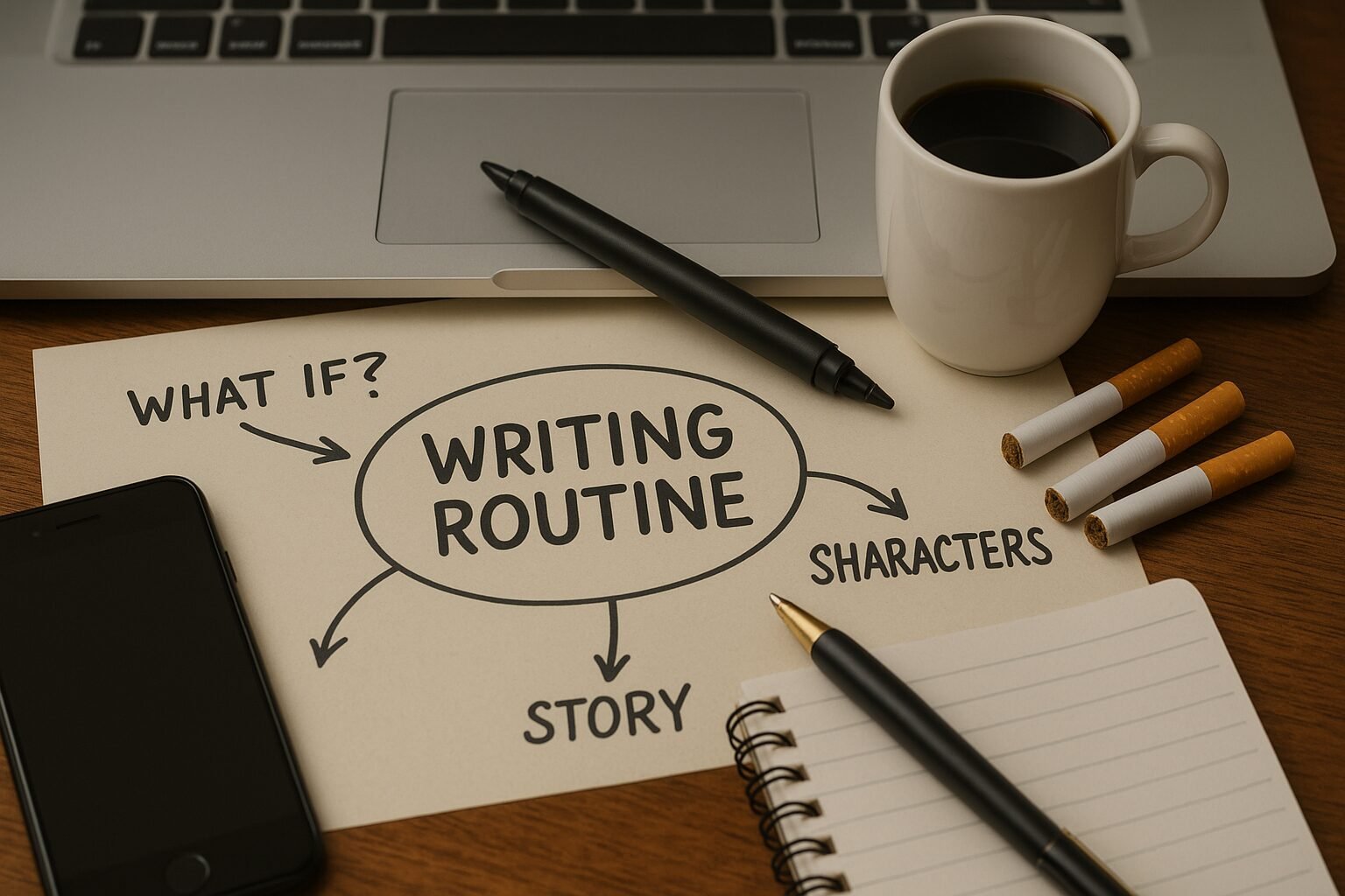 A warm, cinematic desk scene showing a writer’s routine: a laptop, coffee mug, cigarettes, phone, notebook, and a hand-drawn mind map with “Writing Routine” at the centre, linked to ideas like “What if?”, “Story”, and “Characters.”