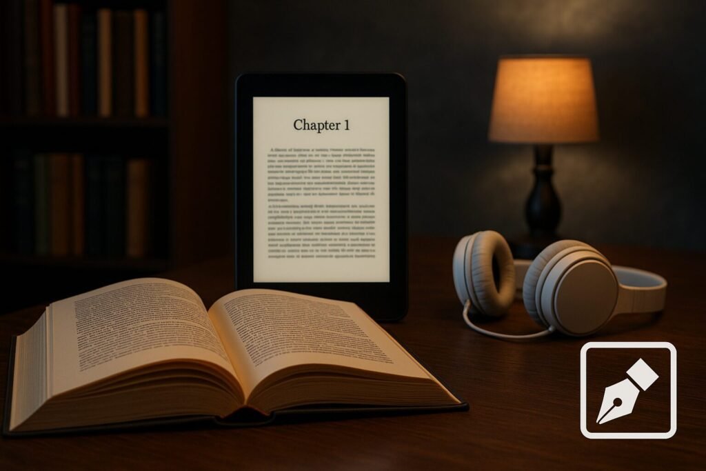 An open book and an e-reader displaying ‘Chapter 1’ on a wooden desk, with headphones and a lamp in the background — symbolising the journey from struggling with reading to discovering stories through technology.