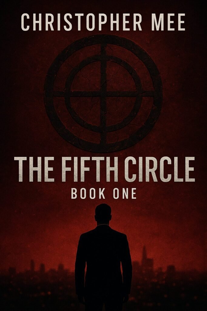 Book cover for “The Fifth Circle,” Book One by Christopher Mee. A silhouetted man in a suit stands against a blood-red background with a cracked circular crosshair symbol above him, evoking conspiracy, danger, and a tense political thriller atmosphere.