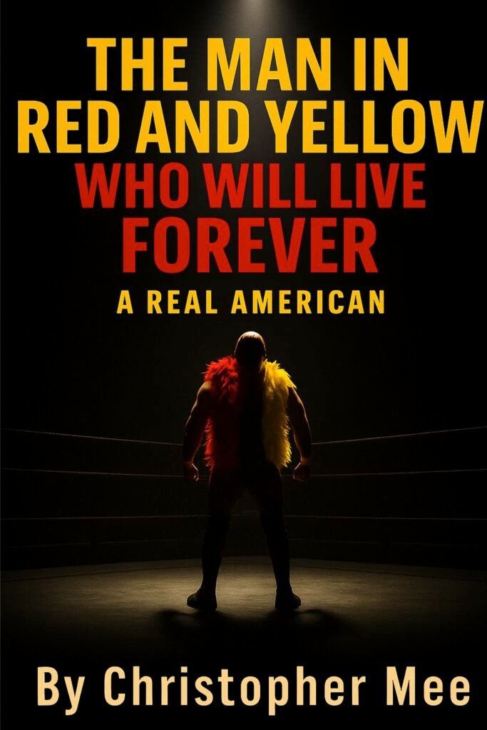 Book cover for The Man in Red and Yellow Who Will Live Forever: A Real American by Christopher Mee — a Hulk Hogan book featuring the wrestling icon in red and yellow feather boas, standing in a spotlighted ring.
