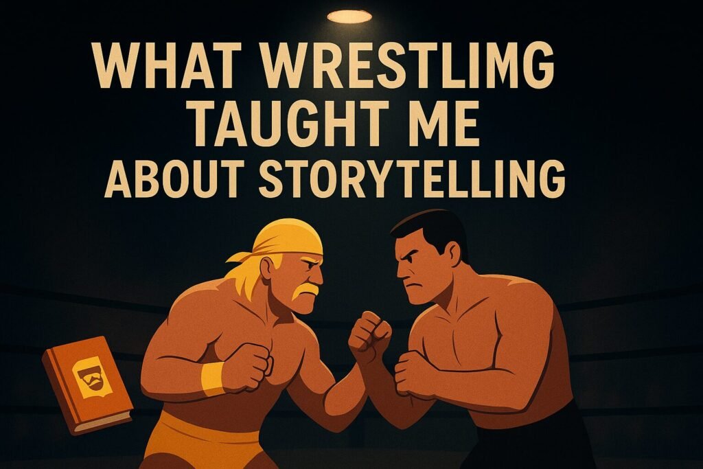 Cinematic landscape illustration for the blog post “What Wrestling Taught Me About Storytelling.” Two wrestlers face off in the centre of a darkened ring under a single spotlight, symbolising drama, conflict, and narrative tension. A subtle book icon connects the theme of wrestling storytelling to the author brand CMeewrites.