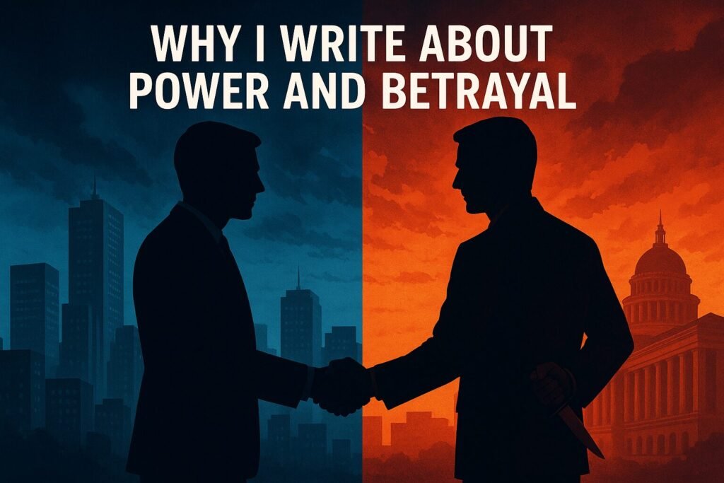 A cinematic illustration of two silhouetted men shaking hands in front of a divided cityscape. The left side is cold blue, symbolising power, while the right side is fiery red, symbolising betrayal. One man hides a dagger behind his back, making the theme of betrayal clear. Government buildings loom in the background, reinforcing the political thriller atmosphere.
