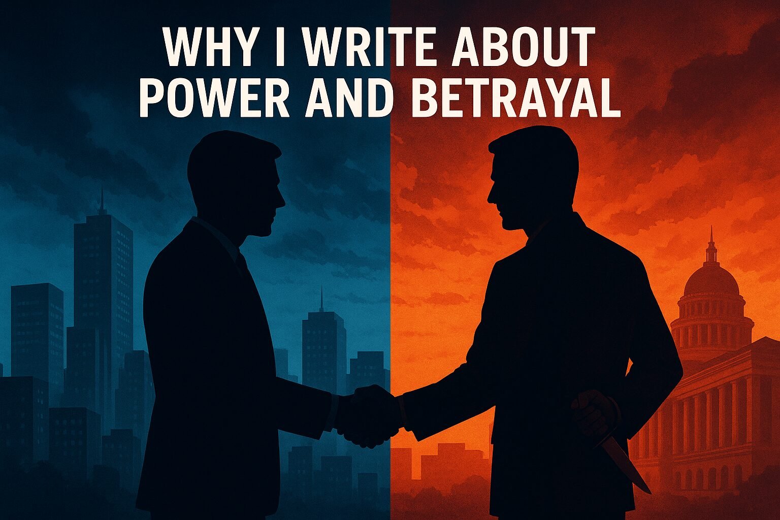 A cinematic illustration of two silhouetted men shaking hands in front of a divided cityscape. The left side is cold blue, symbolising power, while the right side is fiery red, symbolising betrayal. One man hides a dagger behind his back, making the theme of betrayal clear. Government buildings loom in the background, reinforcing the political thriller atmosphere.