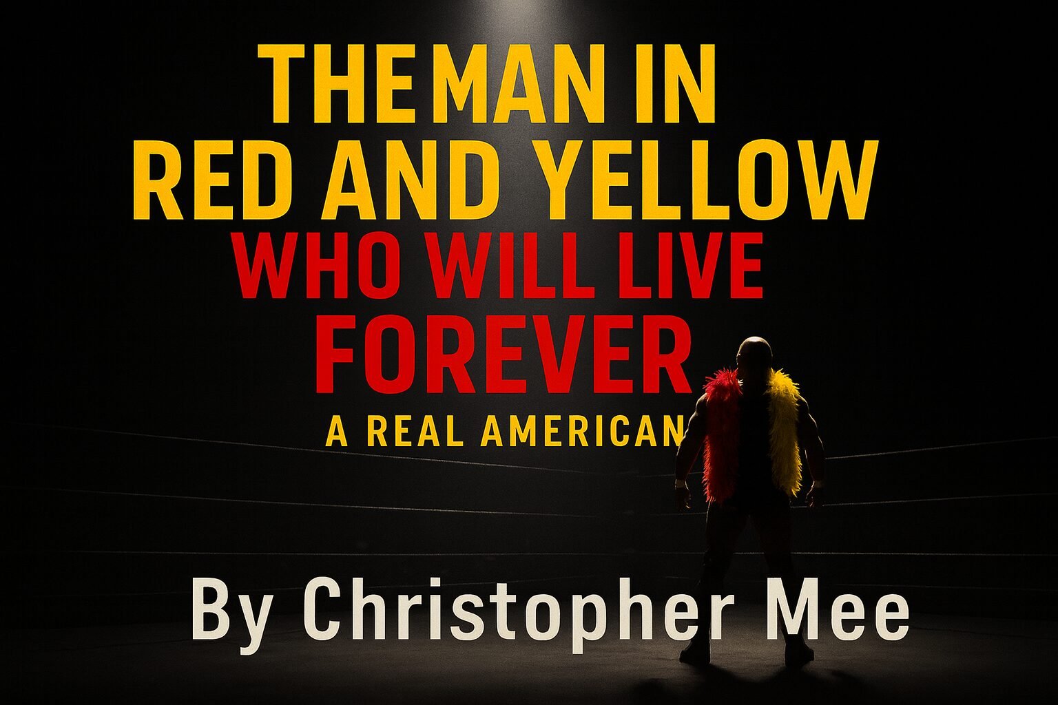 Landscape cover for “The Man in Red and Yellow Who Will Live Forever: A Real American” by Christopher Mee, showing a wrestler in a spotlight wearing red and yellow feather boas, standing in the centre of a darkened ring with bold red and yellow title text above.