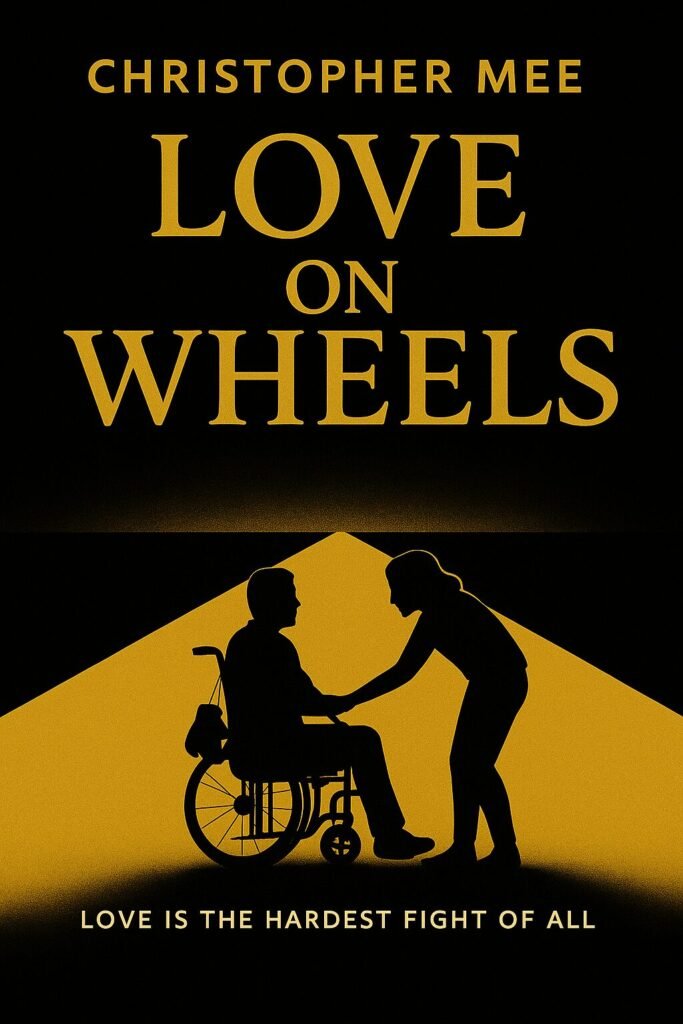 Book cover for Love on Wheels by Christopher Mee. A golden silhouette of a man in a wheelchair and a woman leaning toward him, with the tagline ‘Love is the hardest fight of all.’ Featured on the Coming Soon page.