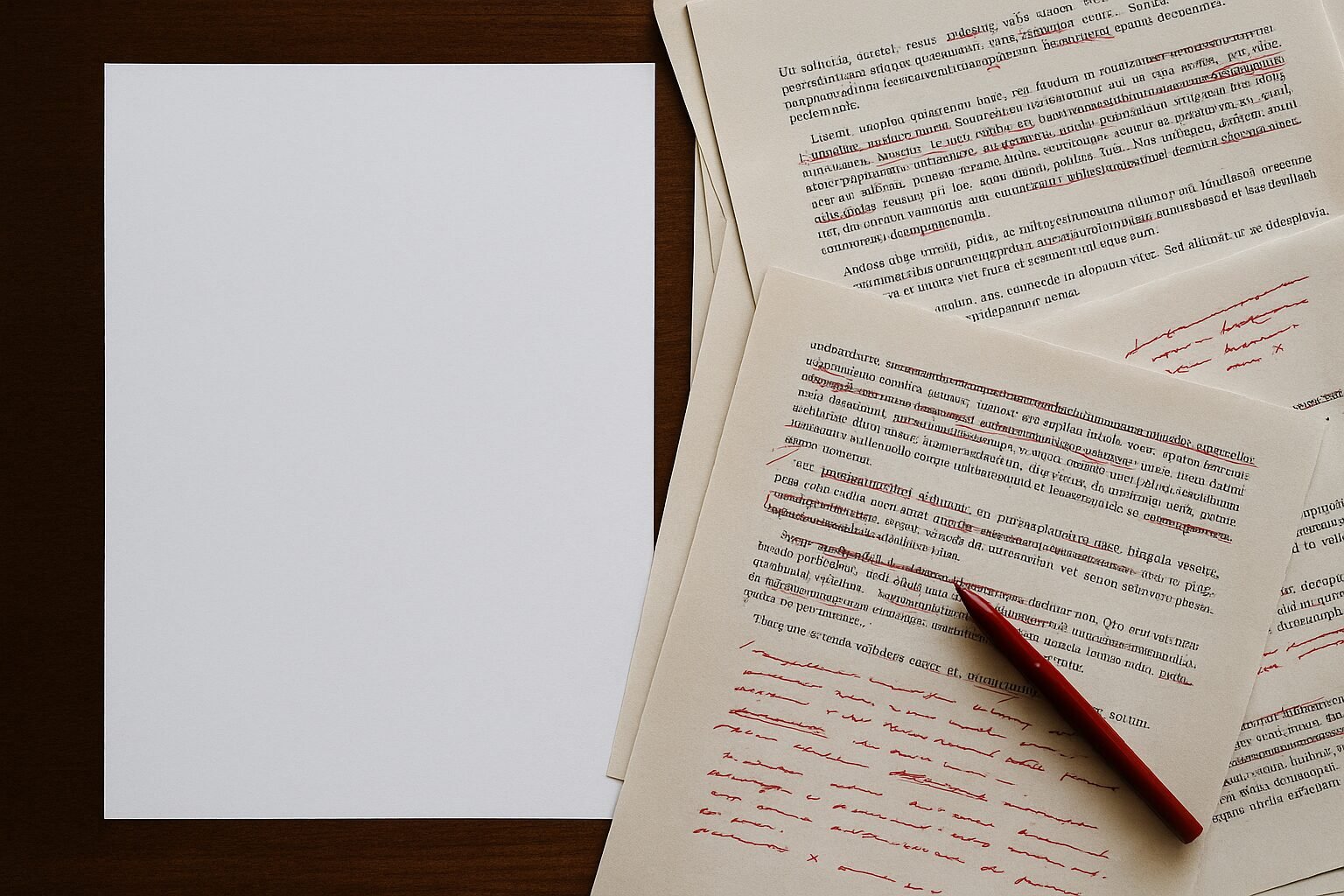 A landscape image split between a blank white page on the left and heavily marked manuscript pages on the right, covered in red ink edits and scribbles. The contrast symbolises the freedom of starting fresh versus the grind of rewriting. Perfect for an author blog about the struggles of revision.