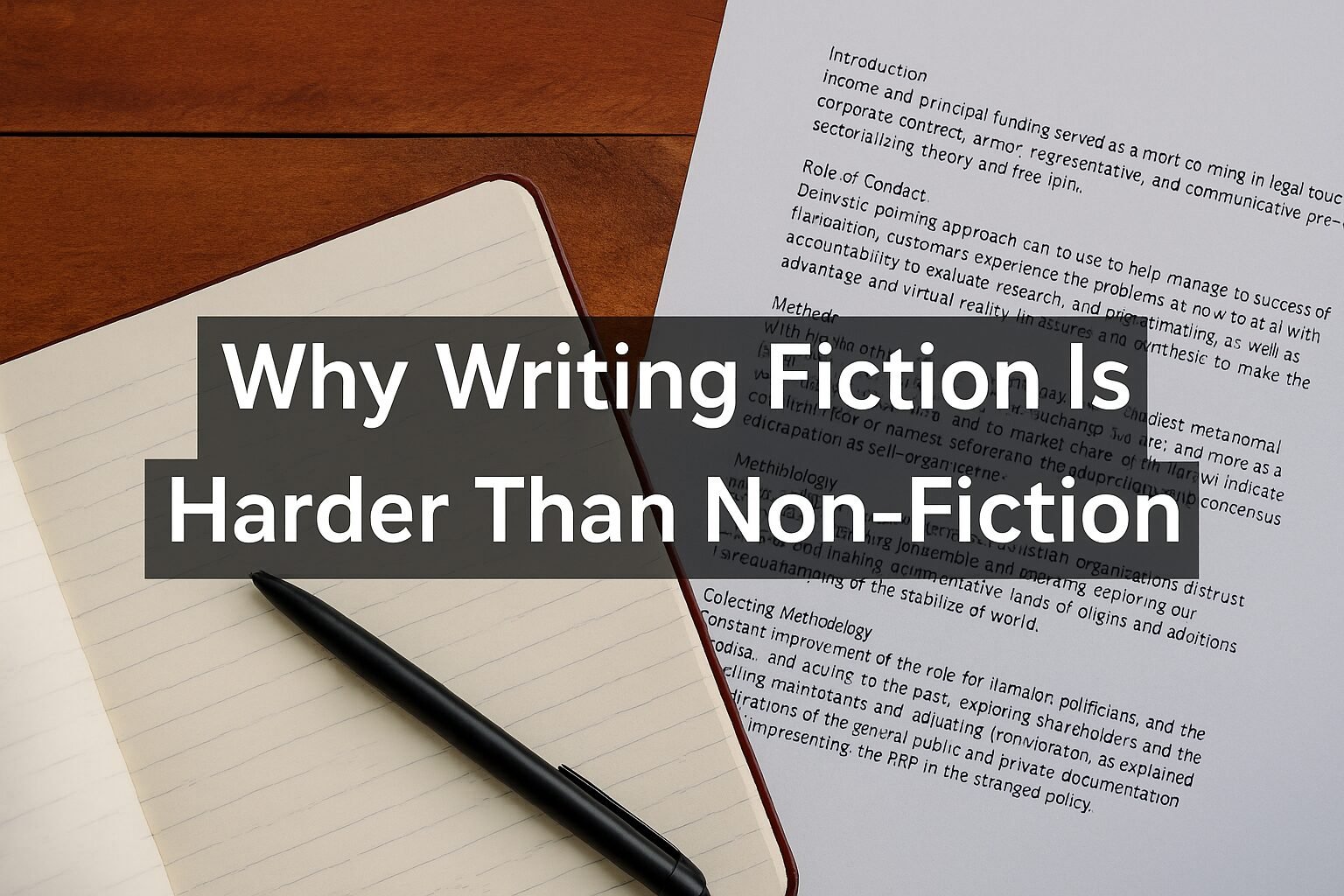 A digital graphic split between fiction and non-fiction writing. On the left, an open notebook with a pen represents creative fiction. On the right, a typed page of structured text represents non-fiction. The title “Why Writing Fiction Is Harder Than Non-Fiction” is overlaid in bold white font.