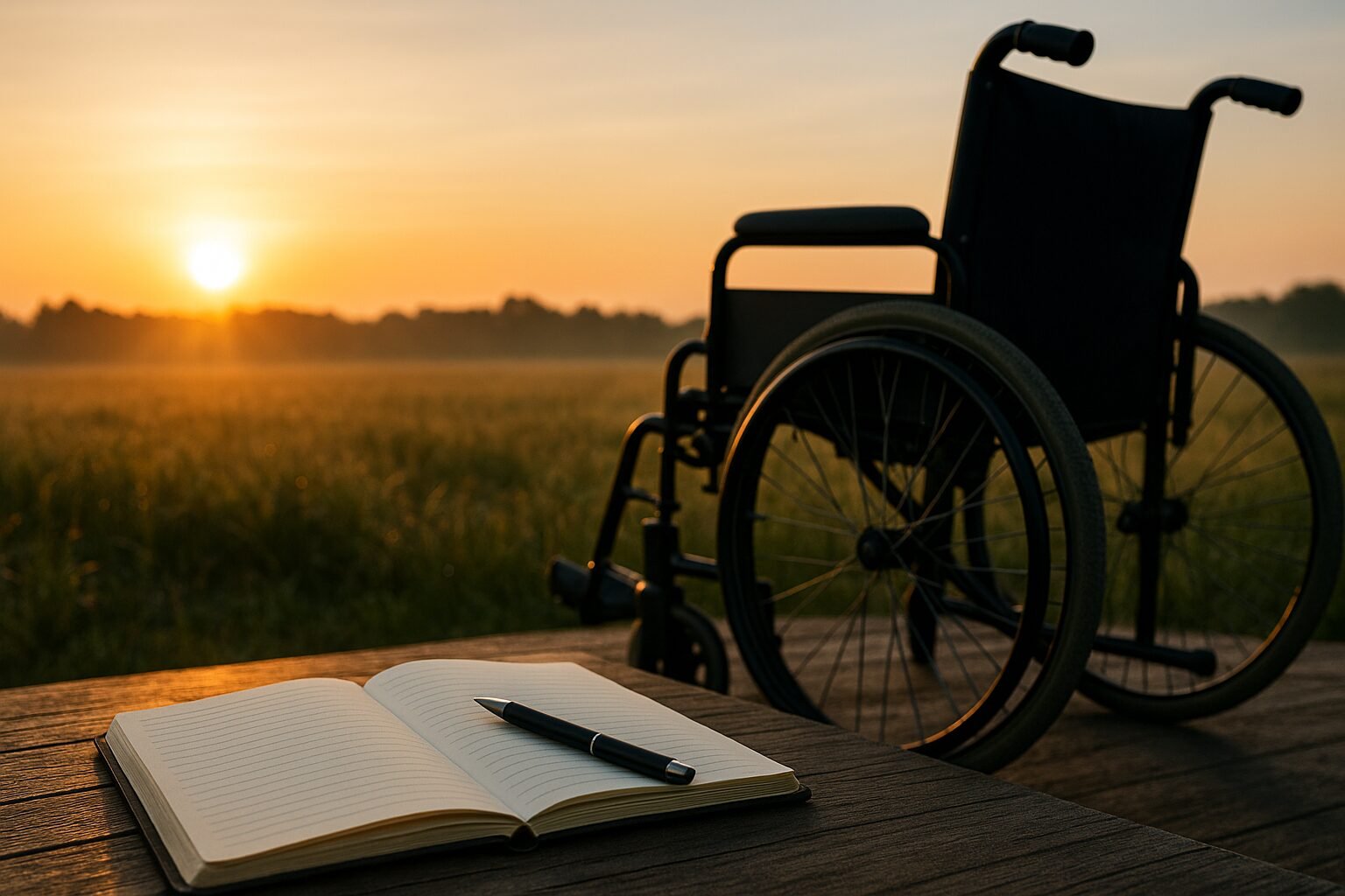 Landscape image showing a wheelchair on a wooden deck at sunrise, with an open notebook and pen in the foreground, symbolising new beginnings and the start of a new love story in the novel Love on Wheels.”