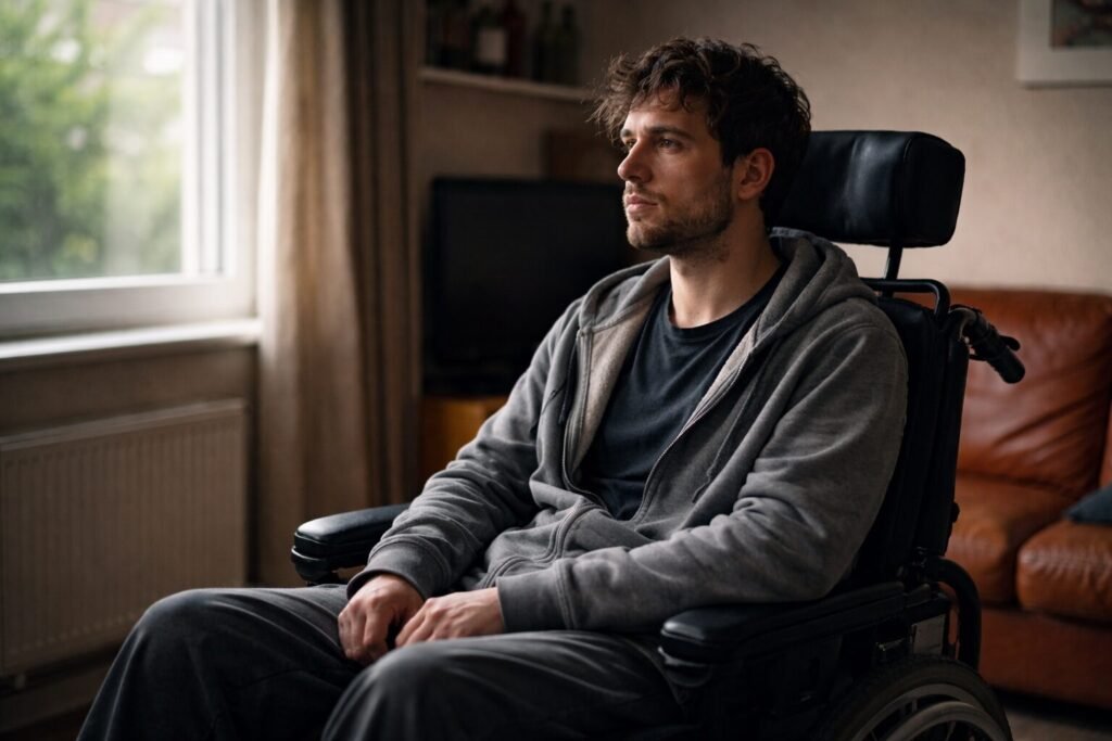 A man living alone with a disability sits in his wheelchair in an adapted flat, quietly reflective in natural light, showing independent living with a physical disability.