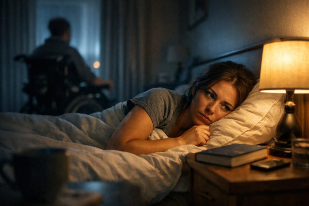 Worried live-in carer lying awake in bed beside a warm lamp, with a wheelchair user blurred in the background, capturing the tension of the first night on placement.