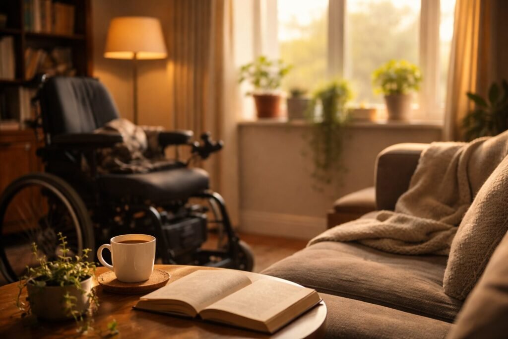 Warm, softly lit living room with a power wheelchair beside a sofa, a mug of tea and an open book on a coffee table, suggesting quiet companionship, care, and shared everyday space.