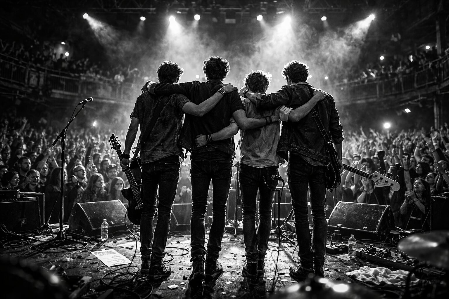 Black-and-white photograph of an indie rock band standing arm in arm on stage, facing a packed crowd under bright concert lights, viewed from behind.