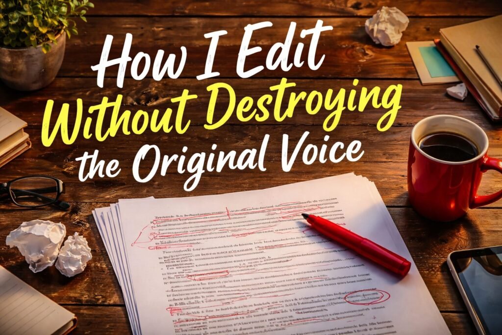 Printed manuscript covered in red editing marks on a wooden desk with a red pen and coffee mug beside the title “How I Edit Without Destroying the Original Voice”.