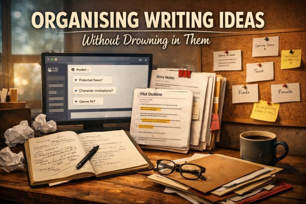 Organising writing ideas workspace with notebook, plot outline, sticky notes, coffee cup and laptop showing story planning questions