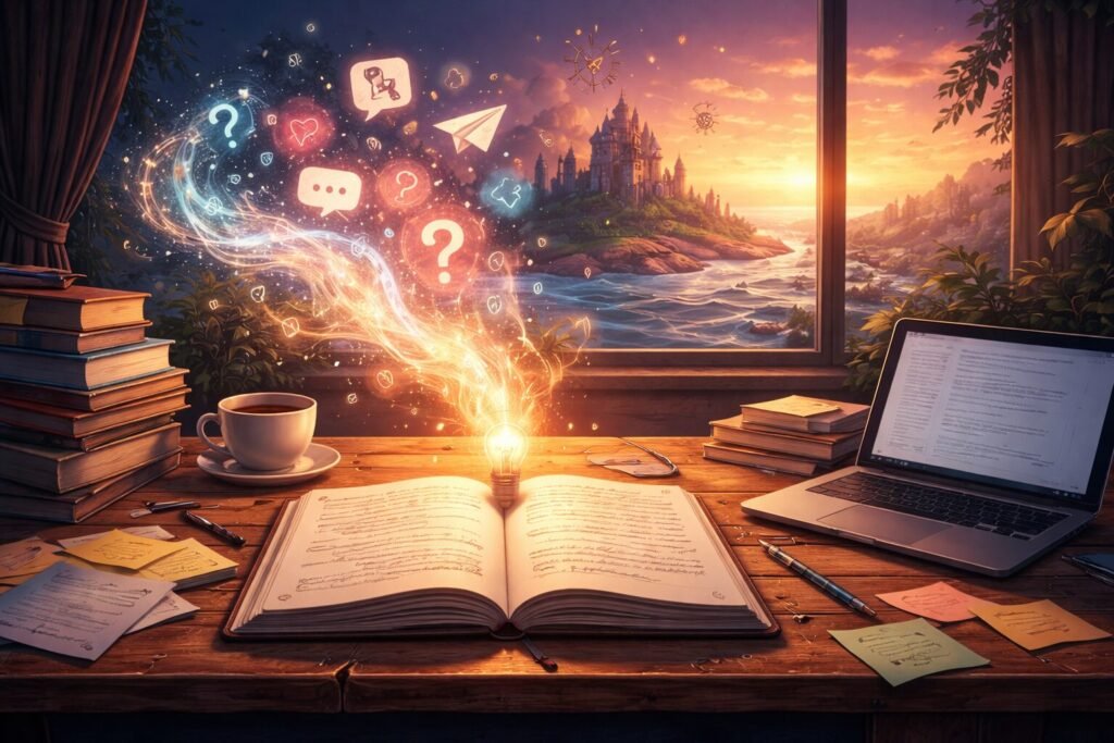 Open notebook on a wooden desk with a glowing light bulb and swirling ideas rising into the air, symbolising turning ideas into stories and the creative writing process.