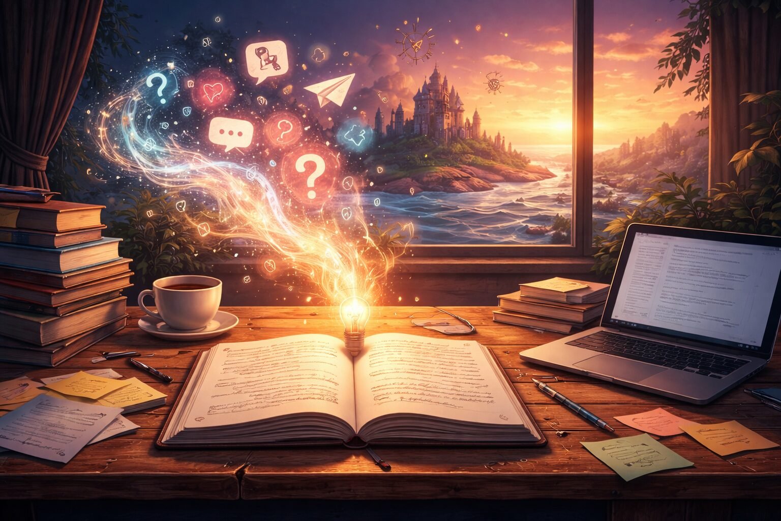 Open notebook on a wooden desk with a glowing light bulb and swirling ideas rising into the air, symbolising turning ideas into stories and the creative writing process.