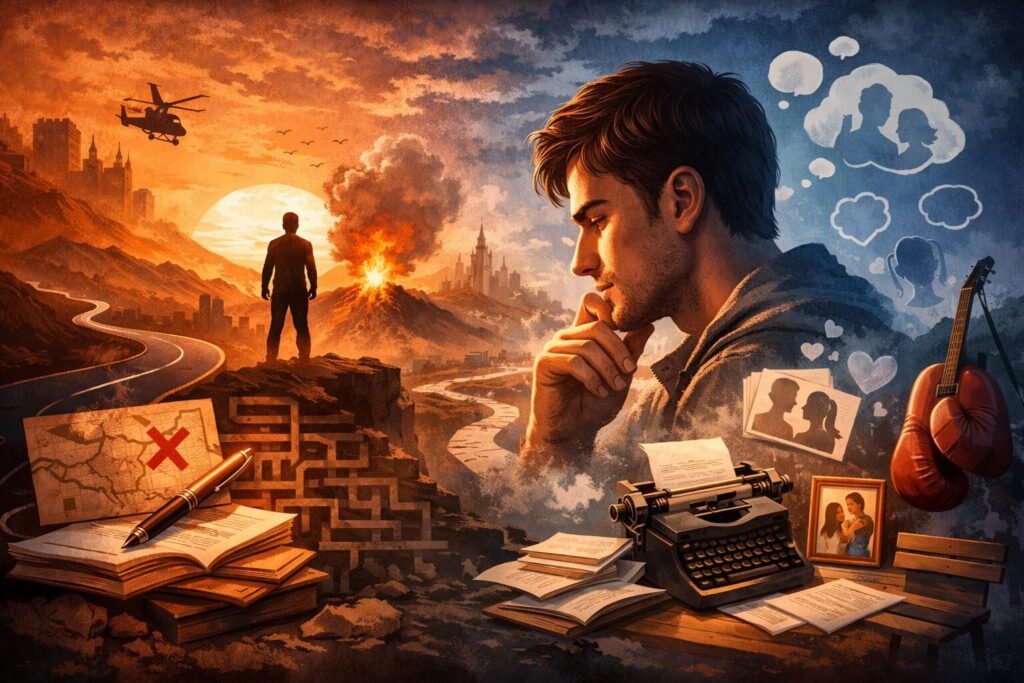 Split landscape illustration representing plot vs character writing, with action scenes and maps on one side and a thoughtful writer with a typewriter and emotional imagery on the other.