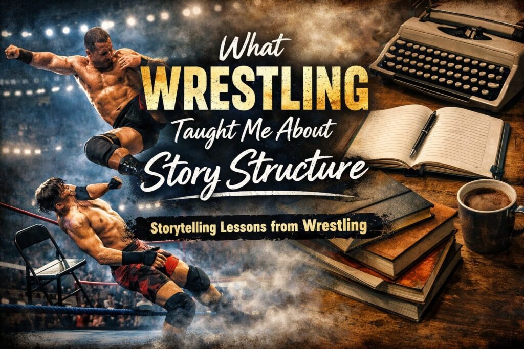 Professional wrestling scene blended with a writer’s desk, symbolising storytelling lessons from wrestling and story structure in fiction writing.