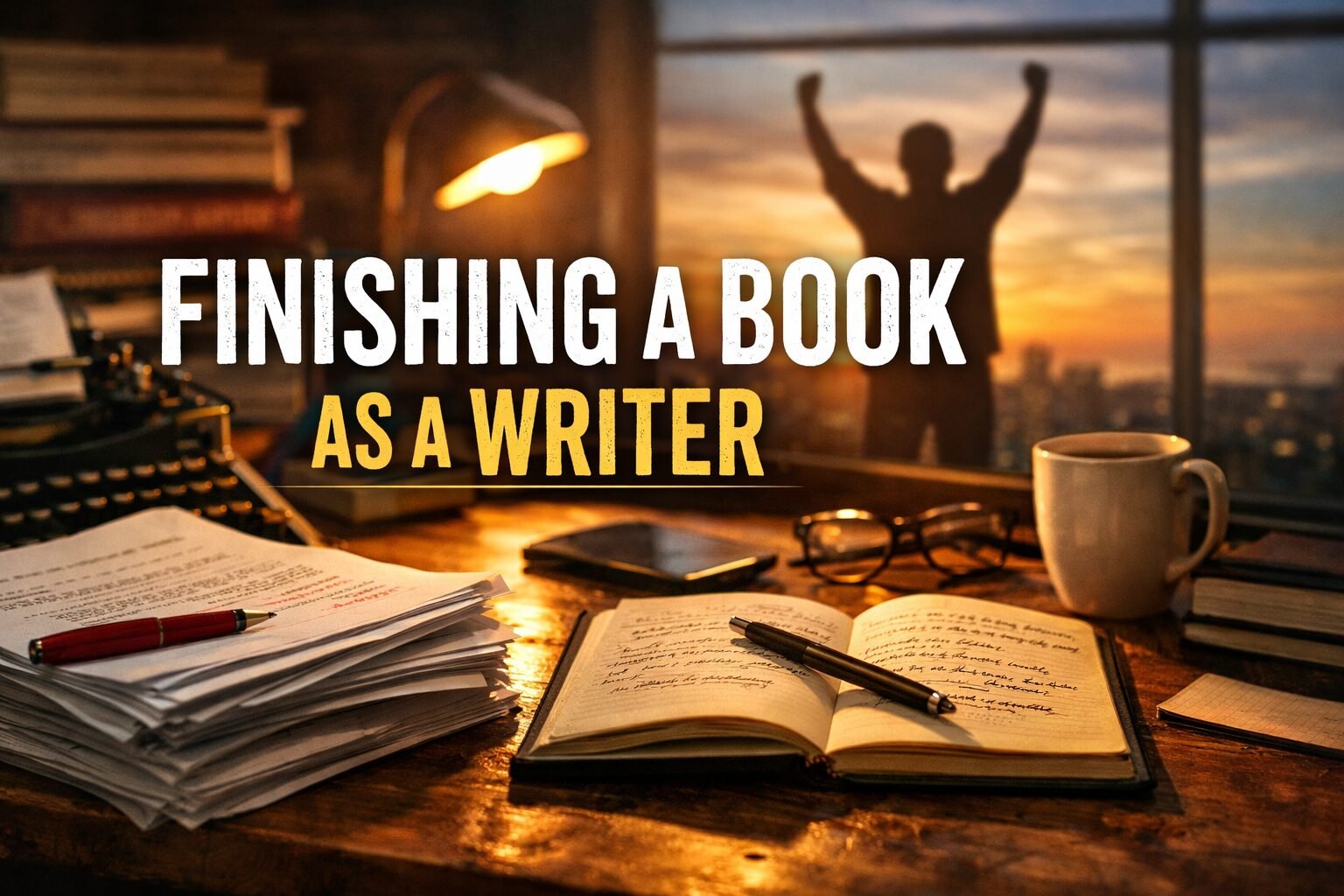 Writer standing with arms raised at sunset behind a desk covered in manuscript pages, symbolising finishing a book as a writer.