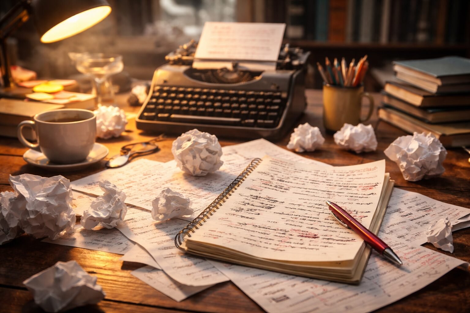Messy first draft writing workspace with crumpled pages, handwritten edits, notebook and typewriter on a desk