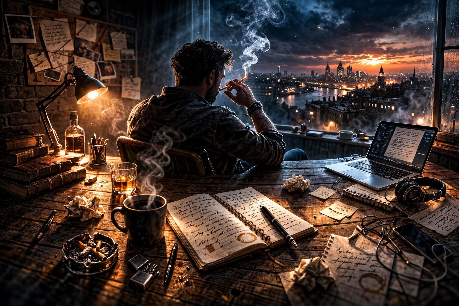 Method writer sitting at a desk at night overlooking a city skyline, smoking during a writing break with handwritten notes and dialogue spread across the table in a cinematic, immersive scene.