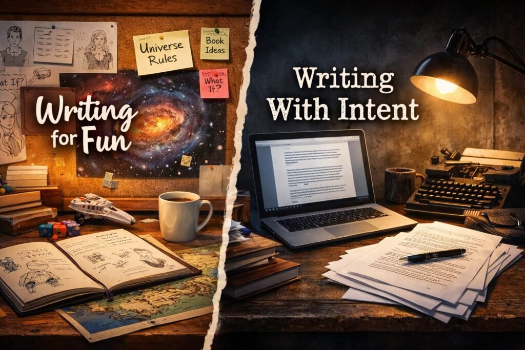 Split desk workspace showing “Writing for Fun” with planning notes, character sketches and universe ideas on one side, and “Writing With Intent” with laptop and structured manuscript pages on the other.