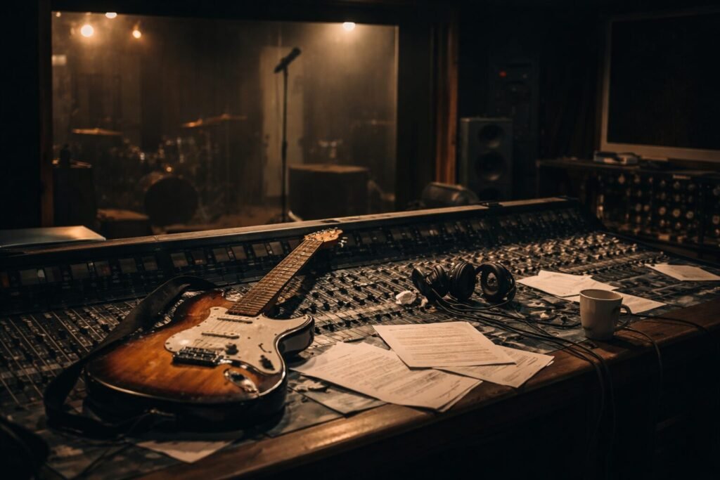 Dimly lit recording studio with an electric guitar resting on a mixing desk, surrounded by scattered notes and equipment, suggesting unfinished music work.
