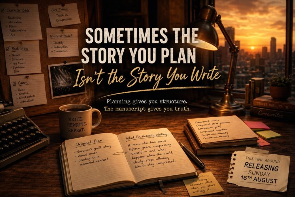Writer’s desk at sunset with planning notes, notebooks, typewriter and the title “Sometimes the Story You Plan Isn’t the Story You Write” displayed across the image.