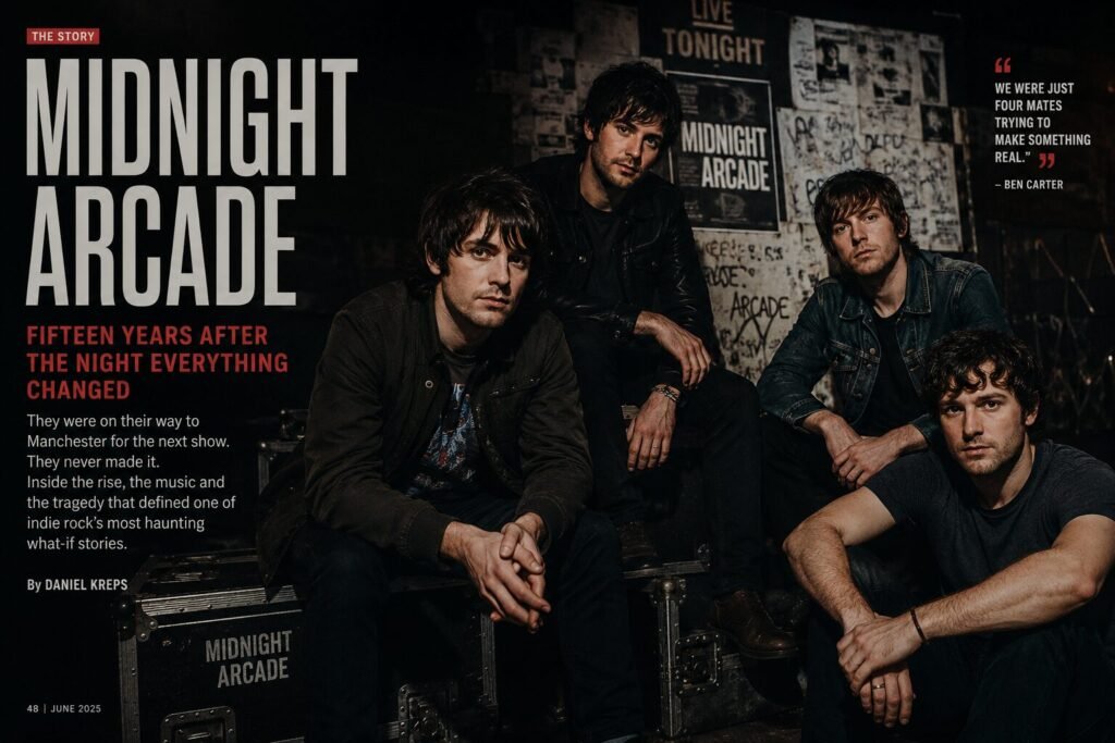 A moody magazine-style feature image showing the four members of fictional indie rock band Midnight Arcade backstage before a performance, accompanying a retrospective article about the band’s rise, tragedy and legacy fifteen years after a fatal crash.