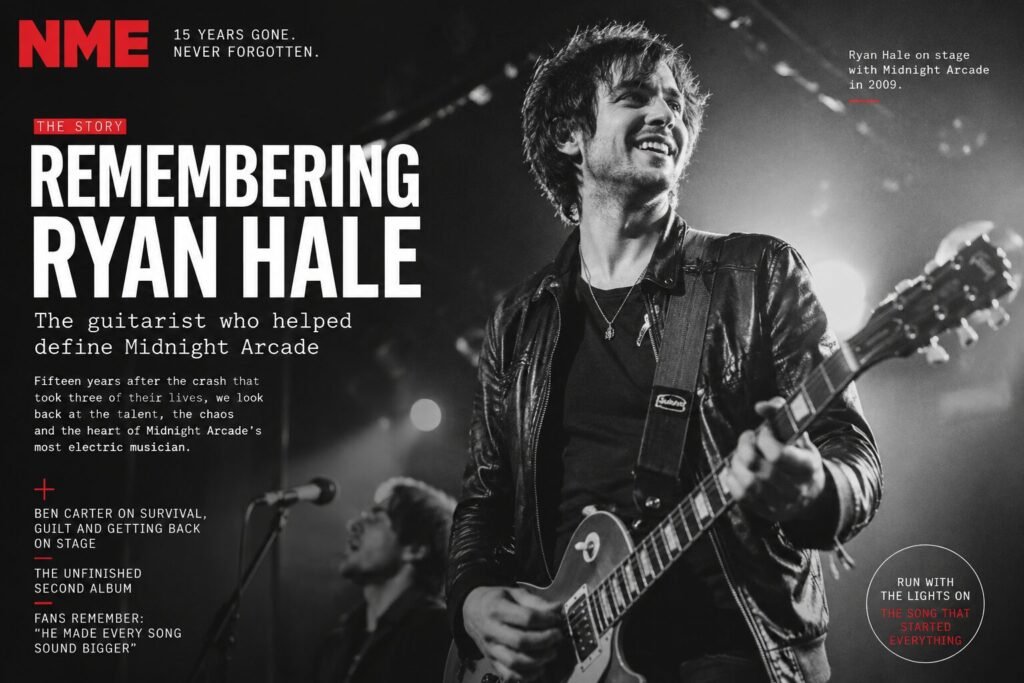 Black-and-white magazine-style cover image showing Midnight Arcade guitarist Ryan Hale smiling while playing guitar on stage under bright concert lights. Bold editorial typography reads “Remembering Ryan Hale – The Guitarist Who Helped Define Midnight Arcade,” styled like a feature from a leading UK music magazine fifteen years after the band’s tragic loss.