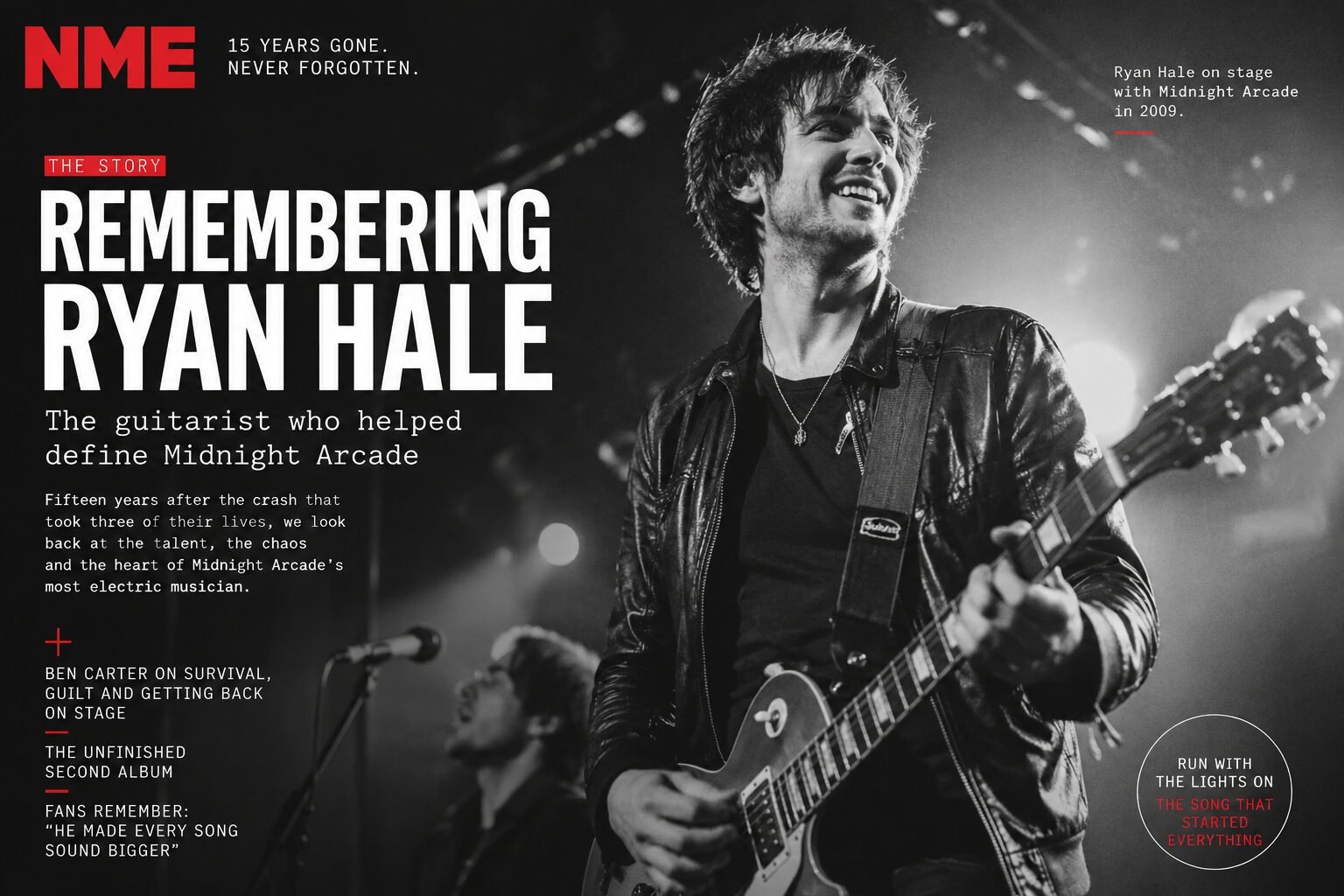 Black-and-white magazine-style cover image showing Midnight Arcade guitarist Ryan Hale smiling while playing guitar on stage under bright concert lights. Bold editorial typography reads “Remembering Ryan Hale – The Guitarist Who Helped Define Midnight Arcade,” styled like a feature from a leading UK music magazine fifteen years after the band’s tragic loss.