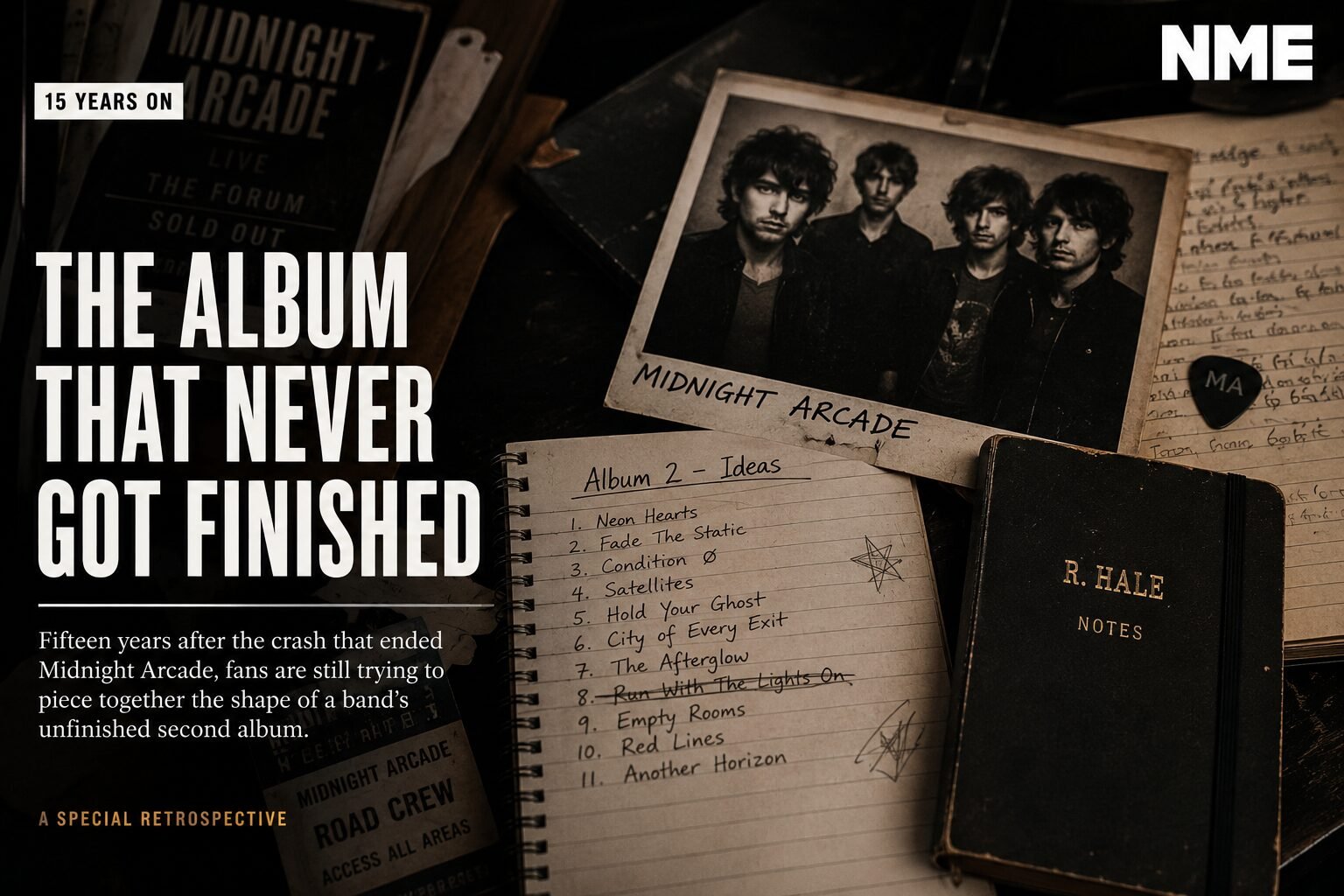 A moody magazine-style retrospective image showing old band photographs, handwritten lyric notebooks, tour passes and music memorabilia spread across a desk. The headline reads “The Album That Never Got Finished”, reflecting on the lost second album of indie band Midnight Arcade fifteen years after tragedy ended their rise.