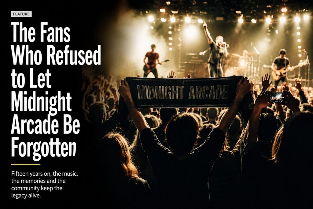 A packed concert crowd raises a Midnight Arcade banner beneath bright stage lights, symbolising the loyal fans who have kept the band’s music and legacy alive for fifteen years.