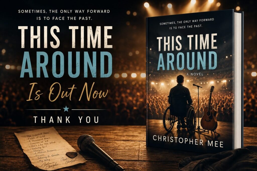 Feature image promoting the release of This Time Around by Christopher Mee, showing the novel cover beside a concert microphone, handwritten set list and a packed arena, celebrating the book’s launch.