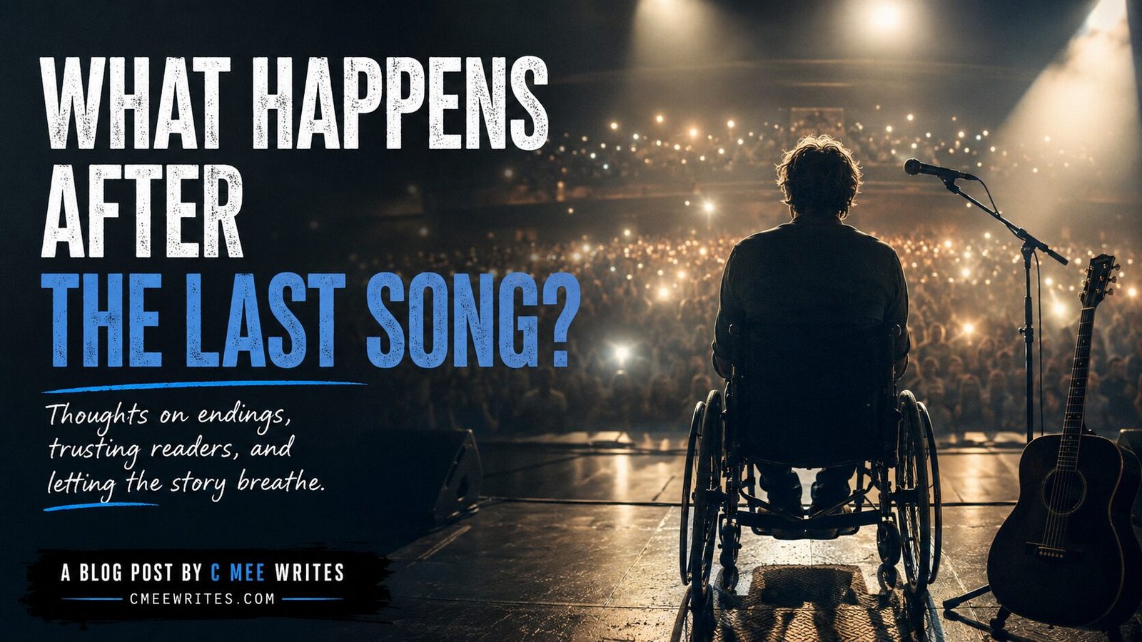A lone wheelchair user sits centre stage beneath bright theatre lights after a performance, facing a packed audience while an acoustic guitar rests nearby. The image symbolises reflection, endings and the question of what comes after the final song.
