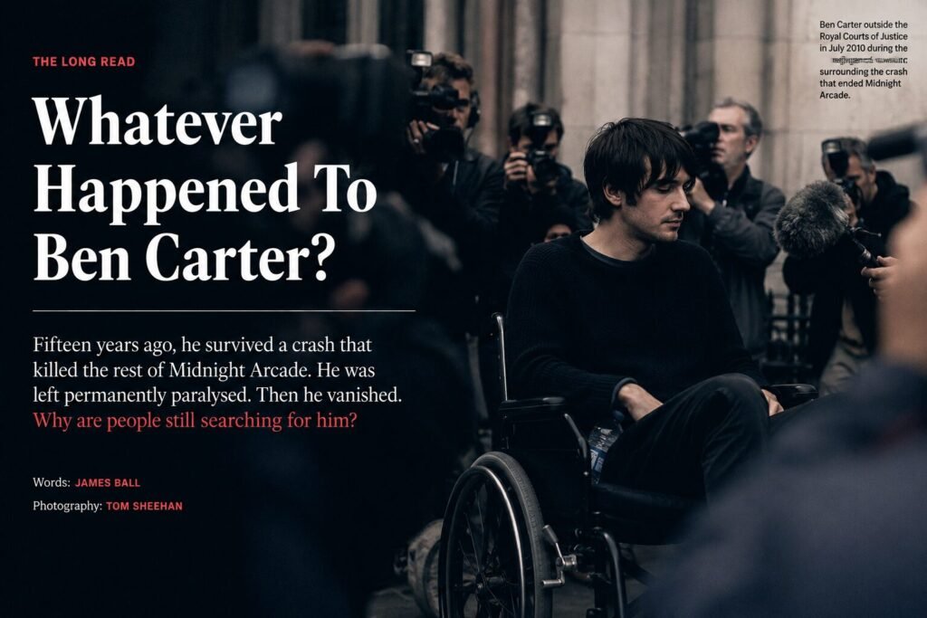 A moody editorial-style image showing Ben Carter, the sole surviving frontman of indie band Midnight Arcade, sitting in a wheelchair outside a courthouse surrounded by photographers and journalists. The scene evokes a Guardian or Rolling Stone long-read feature, exploring the mystery of Ben’s disappearance following the crash that ended the band fifteen years earlier.