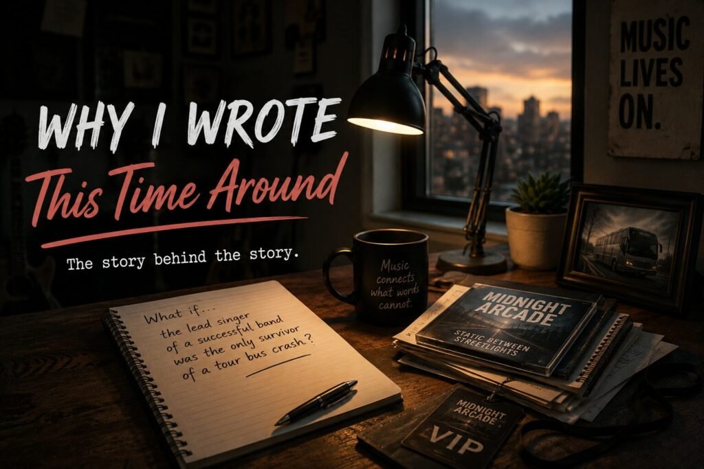 A moody late-night writer’s desk featuring a notebook with the words “What if the lead singer of a successful band was the only survivor of a tour bus crash?”, alongside a coffee mug, desk lamp and Midnight Arcade memorabilia, illustrating the inspiration behind the novel This Time Around.