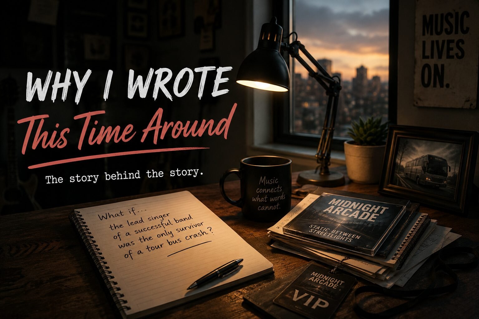 A moody late-night writer’s desk featuring a notebook with the words “What if the lead singer of a successful band was the only survivor of a tour bus crash?”, alongside a coffee mug, desk lamp and Midnight Arcade memorabilia, illustrating the inspiration behind the novel This Time Around.