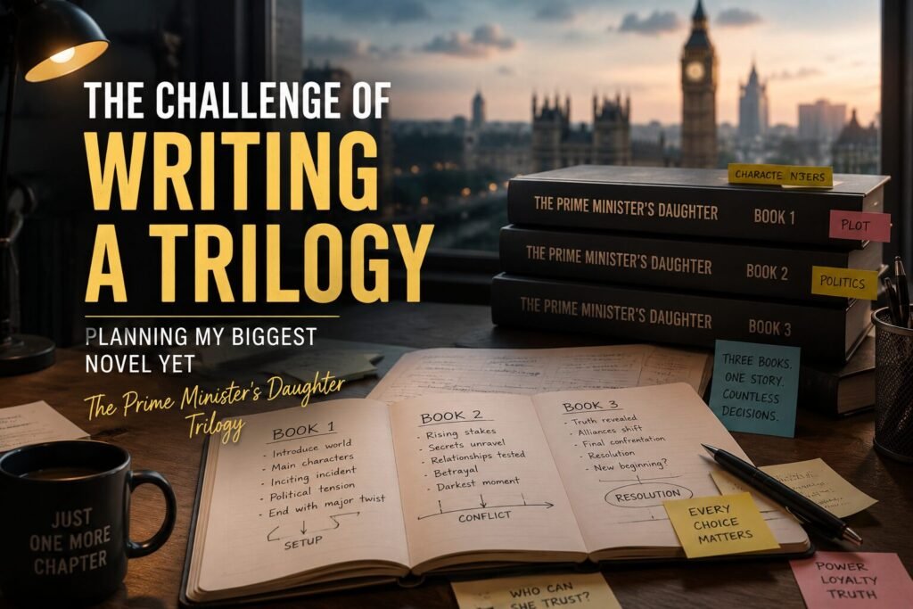 A writer's desk overlooking Westminster with notebooks, planning notes and three books labelled The Prime Minister's Daughter. The image represents the challenge of writing a trilogy and planning a long-form political thriller series.