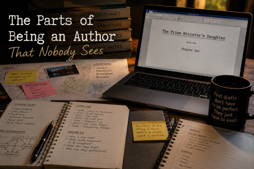 The unseen side of being an author showing a desk covered with character notes, timelines, research and planning for The Prime Minister’s Daughter.