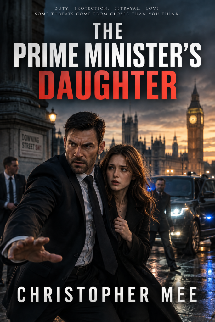 Book cover of The Prime Minister’s Daughter by Christopher Mee, showing Luke Dawson protecting Lizzie Wetherby outside the Houses of Parliament.