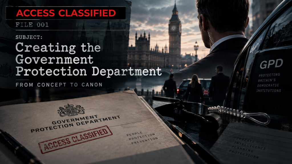 Access Classified File 001 feature image showing the fictional Government Protection Department, a close protection officer and the Houses of Parliament in London.