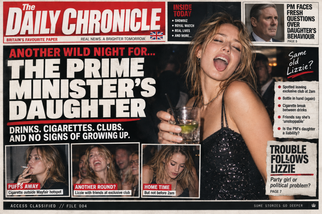 Lizzie Wetherby pictured on a fictional British tabloid front page portraying the Prime Minister’s daughter as a drunken problem child.