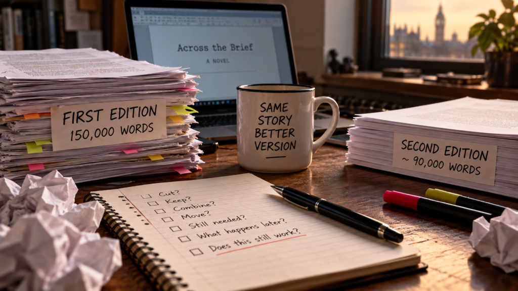 Rewriting a novel workspace showing the 150,000-word First Edition and shorter Second Edition of Across the Brief.